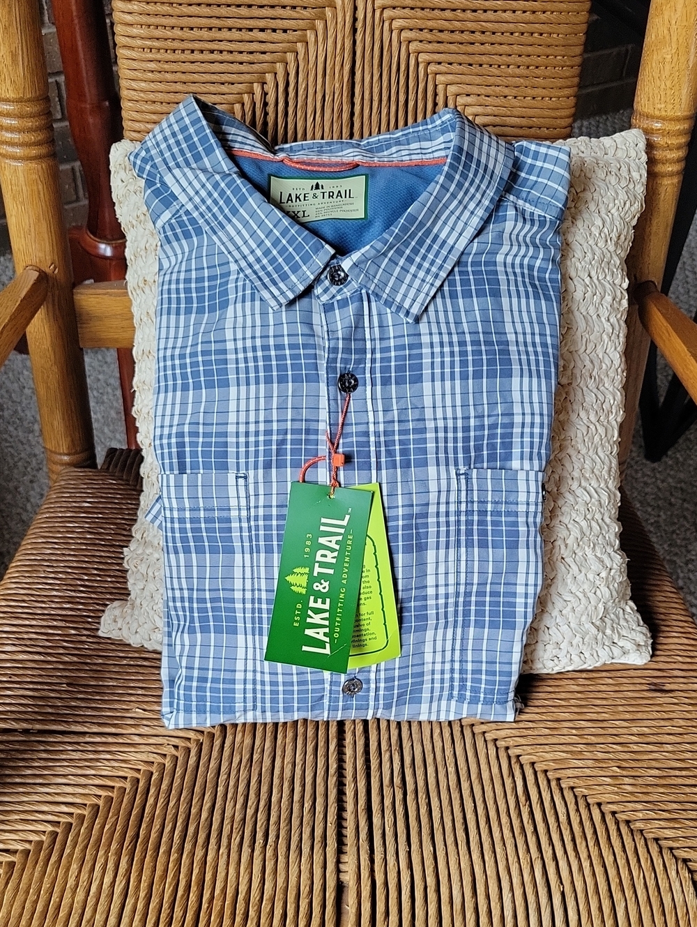 Lake & Trail Lt Wvn Plaid shirt, short sleeve, blue/white, sz XXXL